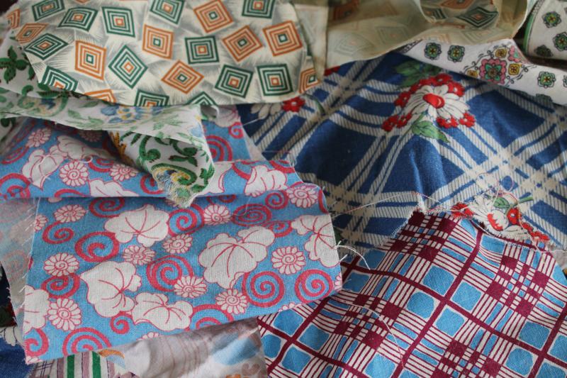 vintage feedsack fabric lot, scrap quilting material, prints in all colors