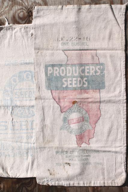 vintage feedsacks w/ old farm advertising graphics, homespun type cotton fabric grain seed sacks