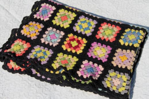 vintage felted wool granny square crochet afghan blanket, black with bright yarns