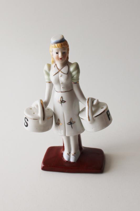vintage figural S&P shakers set, 1950s dairy milkmaid w/ pails china figurine