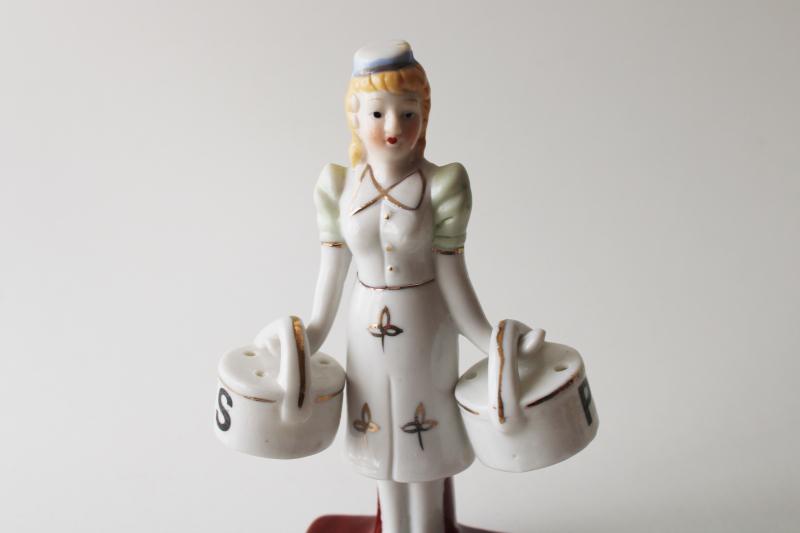 vintage figural S&P shakers set, 1950s dairy milkmaid w/ pails china figurine