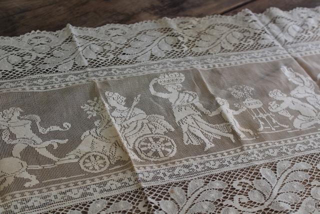 vintage figural lace runner w/ cherubs & nudes, Italian buratto net lace w/ wide edging