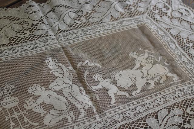 vintage figural lace runner w/ cherubs & nudes, Italian buratto net lace w/  wide edging