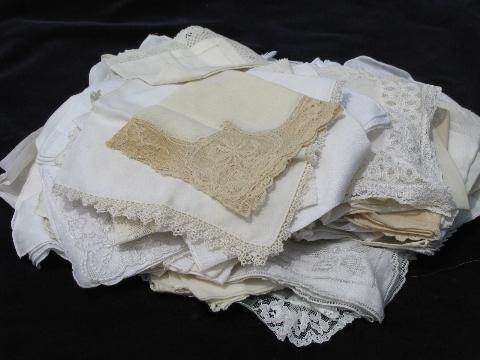 vintage fine cotton and linen hankies, huge lot whitework lace handkerchiefs