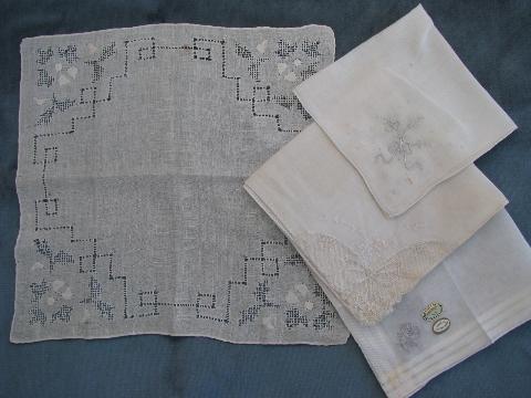 vintage fine cotton & linen hankies, lot whitework lace handkerchiefs