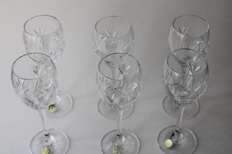 vintage fine cut lead crystal stemware, set of six wine glasses Czech labels
