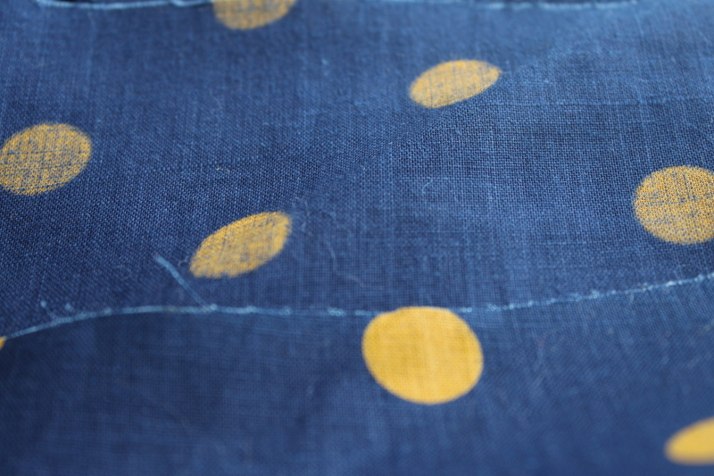 vintage fine linen fabric, mustard gold dots on navy blue, French chic polka dots