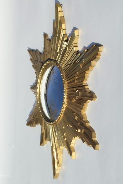 vintage fish eye convex bubble dome glass mirror, gold rococo starburst sun burst frame