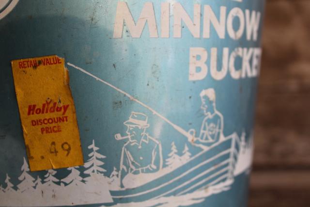 vintage fishing gear, minnow bait bucket w/ mid-century fisherman canoe graphics