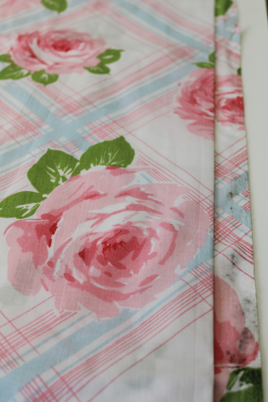 vintage flat sheet for cutter fabric cabbage roses on pink blue plaid new w/ label factory flawed