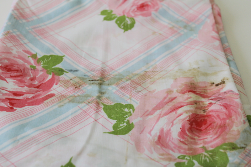 vintage flat sheet for cutter fabric cabbage roses on pink blue plaid new w/ label factory flawed
