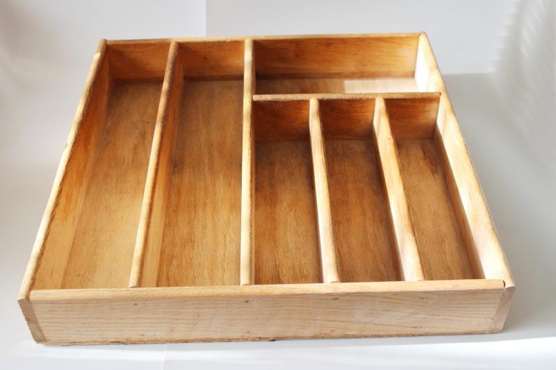 vintage flatware tray, sturdy wood box w/ organizer compartments, sections for utensils