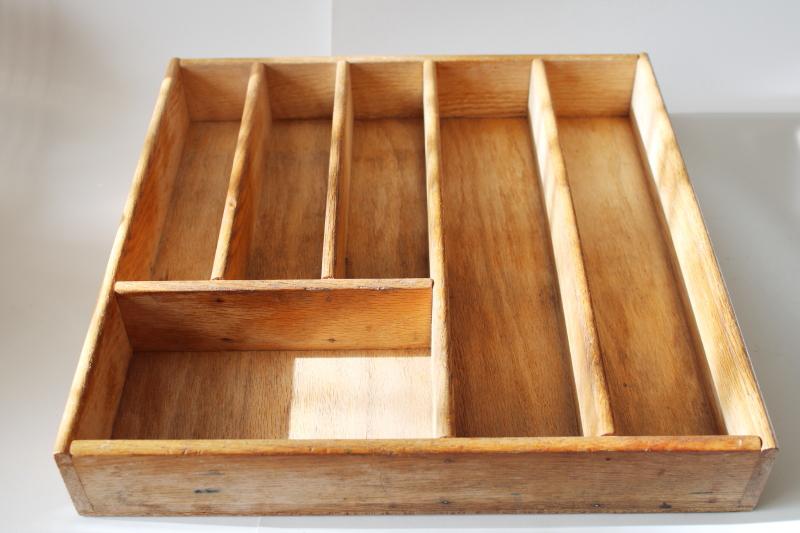 vintage flatware tray, sturdy wood box w/ organizer compartments, sections for utensils