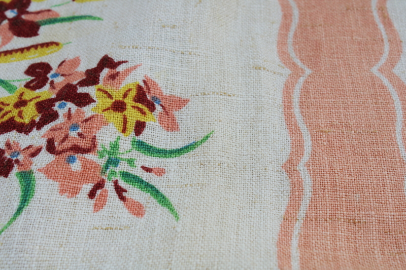 vintage flax linen kitchen tablecloth, cottage flowers floral print coral border