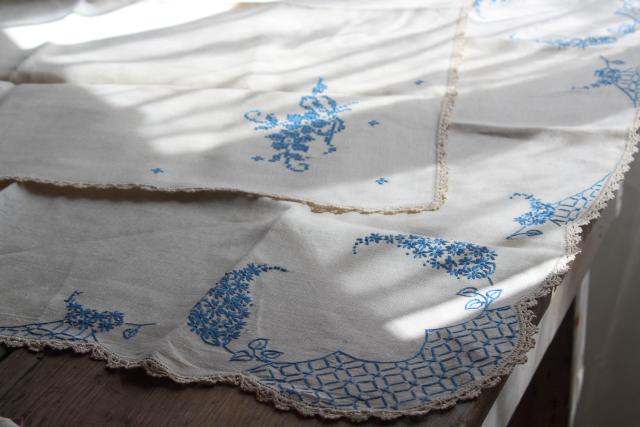 vintage flax linen tablecloths & napkins w/ blue cotton embroidery & handmade lace