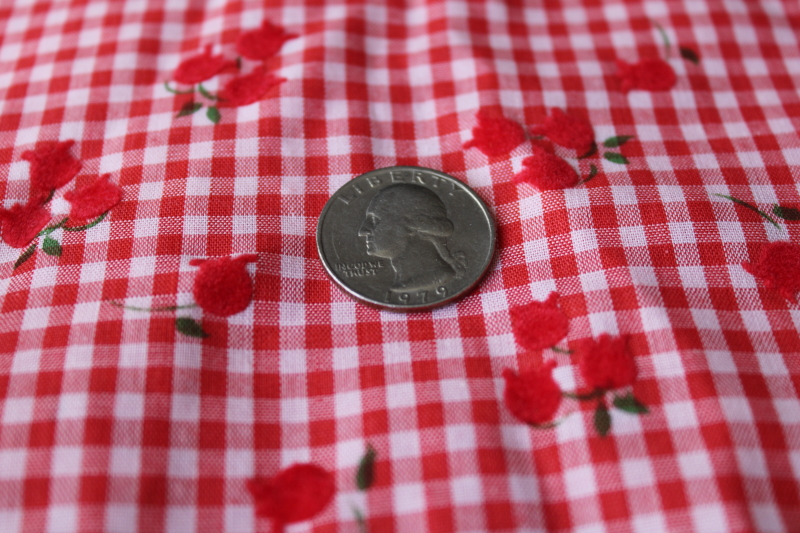 vintage flocked flowers fabric, red gingham checked cotton poly tiny tulips