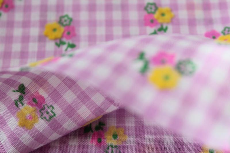 vintage flocked flowers vintage fabric, lilac purple gingham w/ pink & yellow