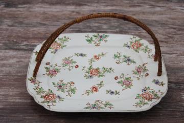 vintage floral chintz china serving plate, square tray w/ basket handle old Japan backstamp