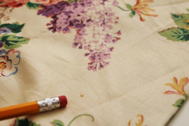 vintage floral print cotton decorator fabric, cottage chic flowers lilacs & roses 
