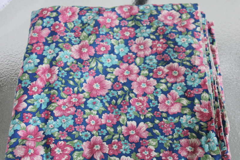 vintage floral print cotton fabric, rose pink  aqua flowers on navy blue