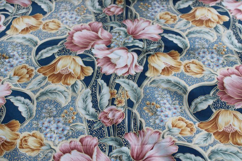 vintage floral print decorator fabric, heavy cotton french blue w/ tulips, feather plumes
