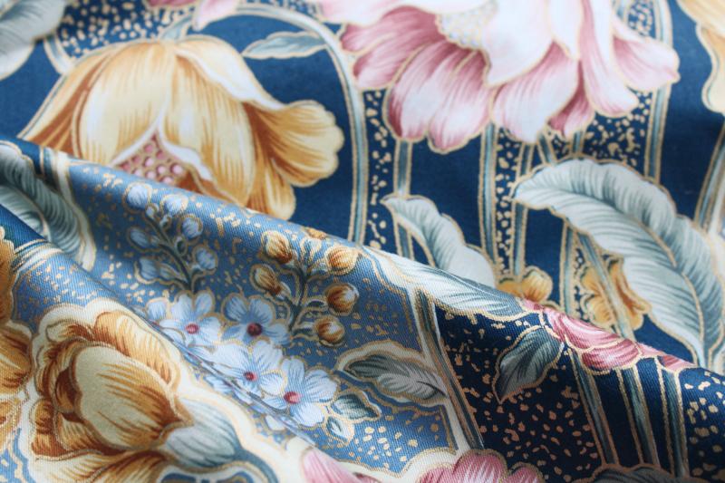 vintage floral print decorator fabric, heavy cotton french blue w/ tulips, feather plumes