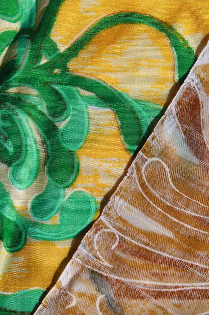 vintage floral print fabric, Japanese chrysanthemums spider mum gold & turquoise silky shantung