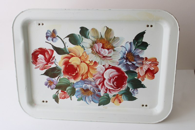  vintage floral print metal lap tray, folding bed tray or TV dinner tray