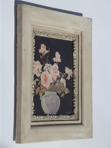 vintage floral print, roses on black flower picture in original wood frame 