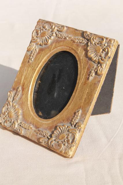 vintage florentine gold wood picture frame w/ flowers, small easel stand frame