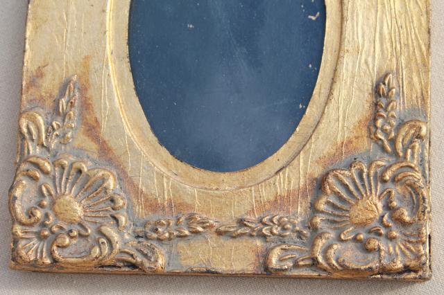 vintage florentine gold wood picture frame w/ flowers, small easel stand frame
