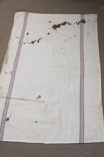 vintage flour sack towels, red & blue striped cotton antique grain sack fabric