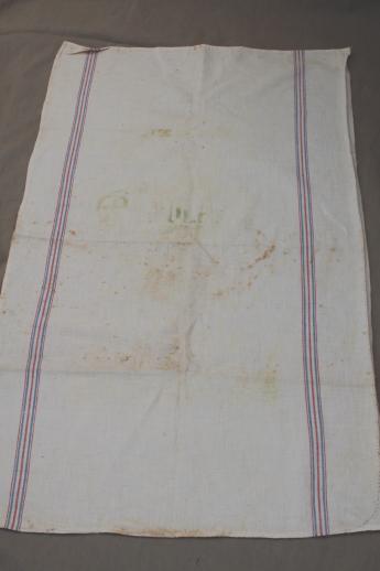 vintage flour sack towels, red & blue striped cotton antique grain sack fabric 