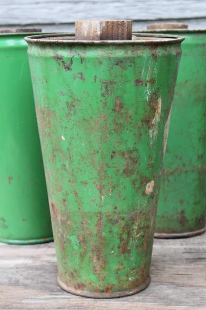 vintage flower holders, florist's buckets for cut flowers, cutting garden metal vases w/ french green paint 
