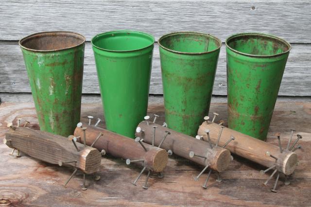 vintage flower holders, florist's buckets for cut flowers, cutting garden metal vases w/ french green paint 
