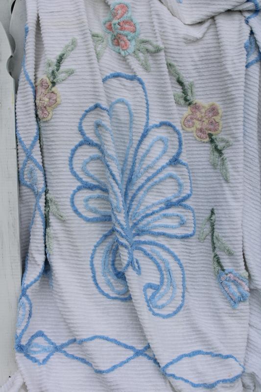 vintage flowered cotton chenille bedspread, grandma chic shabby cozy cottage core