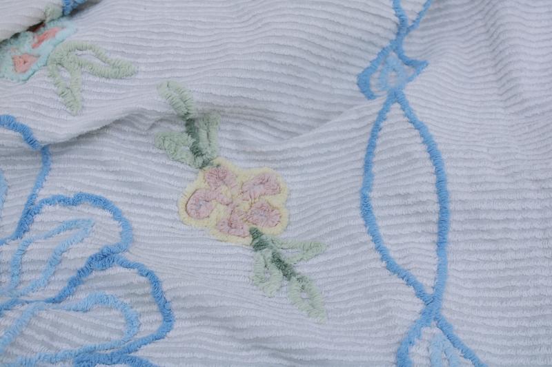vintage flowered cotton chenille bedspread, grandma chic shabby cozy cottage core
