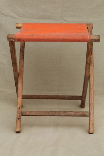 vintage folding wood stool, rustic camp furniture portable canvas seat
