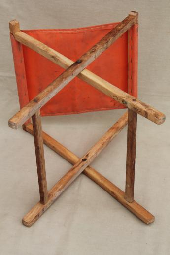 vintage folding wood stool, rustic camp furniture portable canvas seat