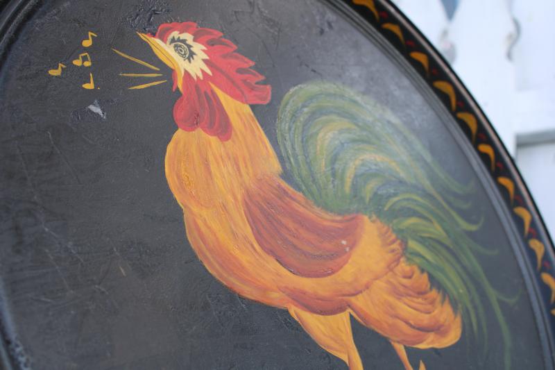 vintage folk art hand painted crowing rooster, primitive toleware huge old barrel lid 