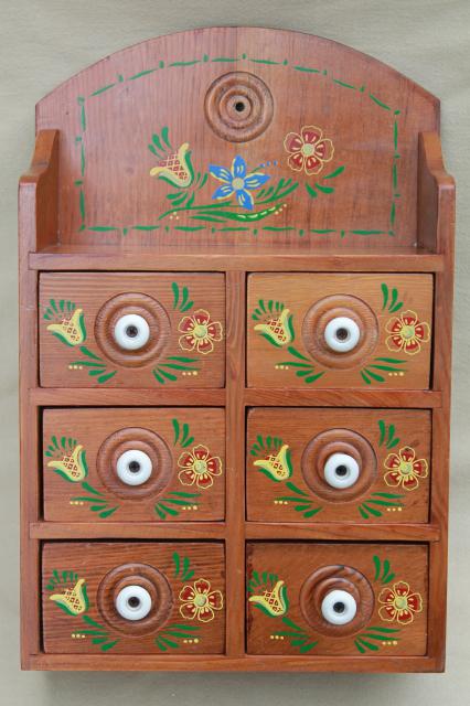 vintage folk art hand painted wood spice box, wall hanging cabinet w/ little drawers