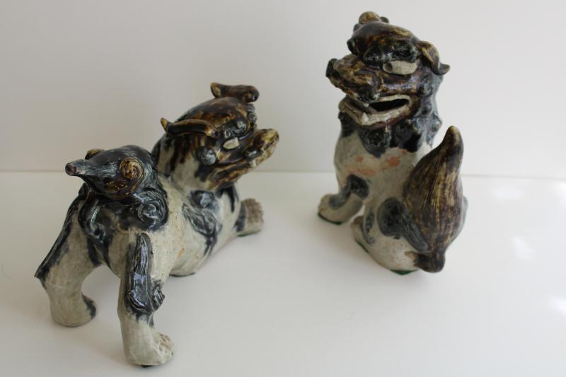 vintage foo dogs, rustic handmade slab art pottery ceramic little lion fu pair