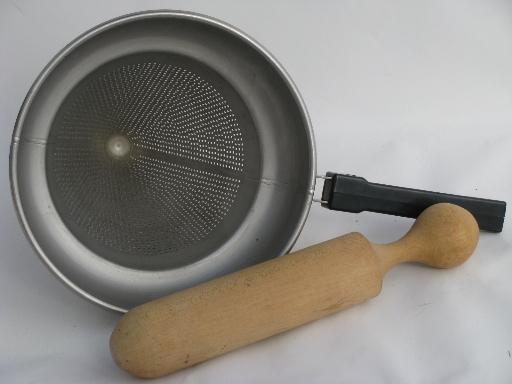 vintage food mill, stainless steel strainer sieve cone and wood masher