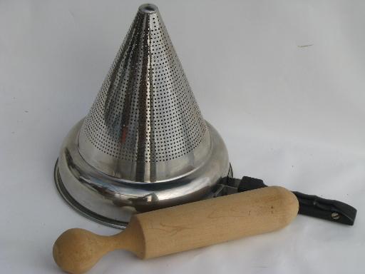 vintage food mill, stainless steel strainer sieve cone and wood masher