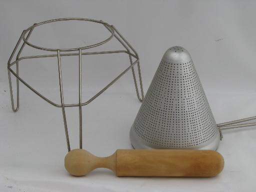 vintage food mill, tripod stand, strainer sieve cone and wood masher