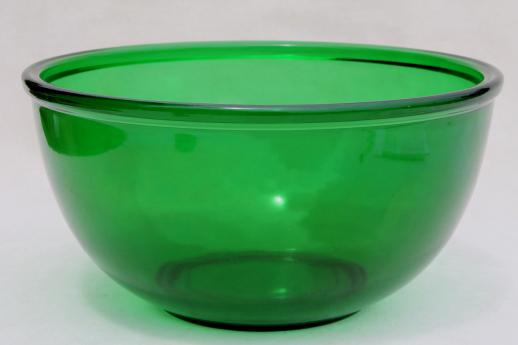 vintage forest green glass mixing bowl, large Anchor Hocking kitchen glass bowl 
