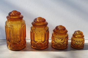 vintage four canister jars set LE Smith amber glass Moon  Stars pattern canisters