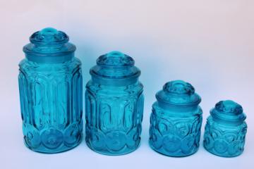 vintage four canister jars set LE Smith blue glass Moon & Stars pattern