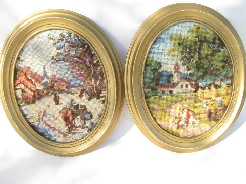 vintage framed needlepoint pictures, Currier & Ives scenes stitched in wool