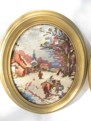 vintage framed needlepoint pictures, Currier & Ives scenes stitched in wool